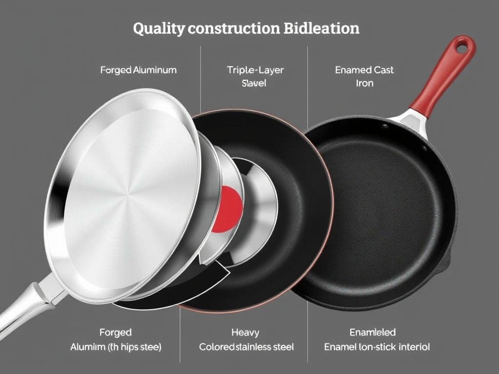 Corte transversal mostrando diferentes materiais de construção em frigideiras antiaderentes de qualidade Corte transversal mostrando diferentes materiais de construção em frigideiras antiaderentes de qualidade