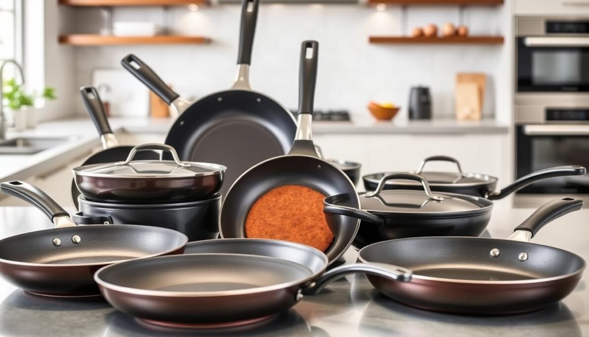 Diversas frigideiras antiaderentes de alta qualidade dispostas em uma cozinha moderna bem iluminada
