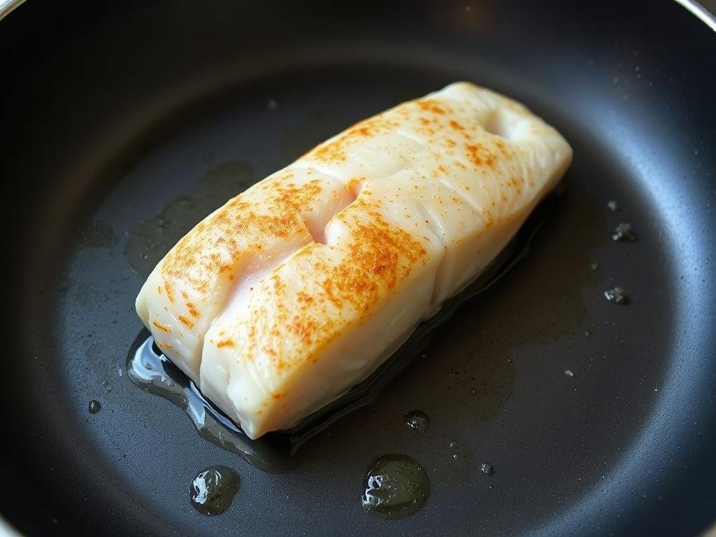 Filé de peixe com pele crocante sendo preparado em frigideira antiaderente sem óleo Filé de peixe com pele crocante sendo preparado em frigideira antiaderente sem óleo