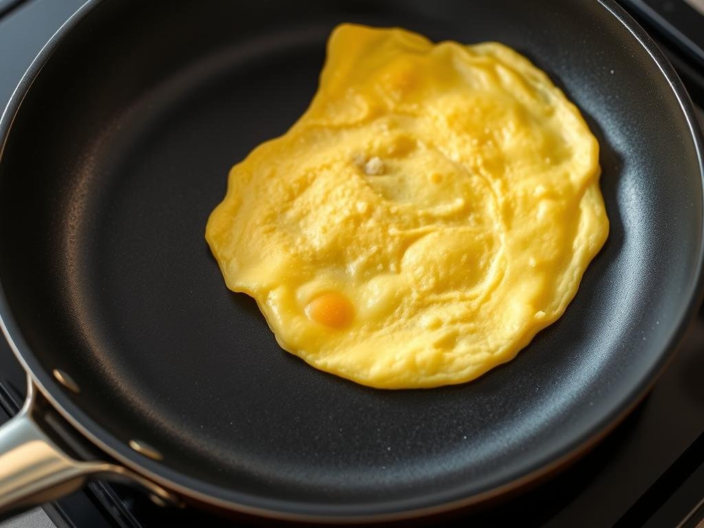 Omelete perfeita sendo preparada em frigideira antiaderente sem adição de óleo Omelete perfeita sendo preparada em frigideira antiaderente sem adição de óleo