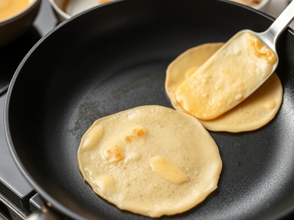 Panquecas finas sendo preparadas em frigideira antiaderente sem adição de óleo ou manteiga Panquecas finas sendo preparadas em frigideira antiaderente sem adição de óleo ou manteiga
