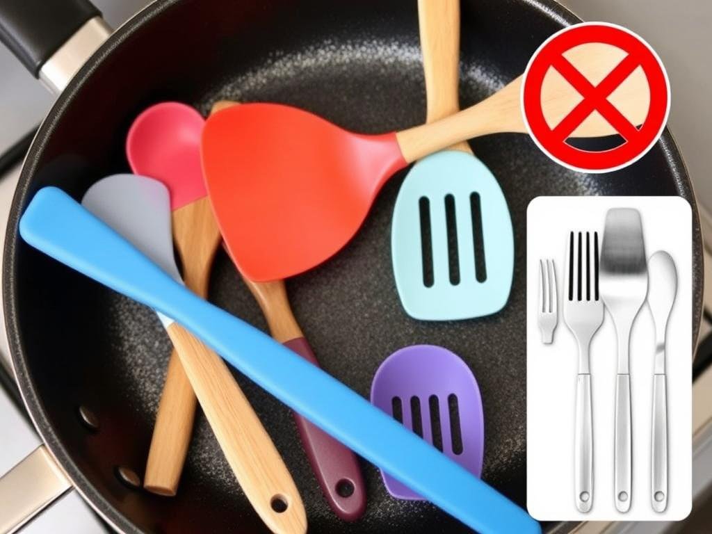 Utensílios adequados para uso em frigideiras antiaderentes incluindo silicone, madeira e nylon Utensílios adequados para uso em frigideiras antiaderentes incluindo silicone, madeira e nylon